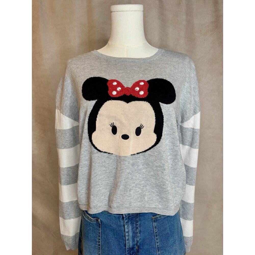 Disney Store Minnie Mouse Sweater M Gray Striped Sleeve Top